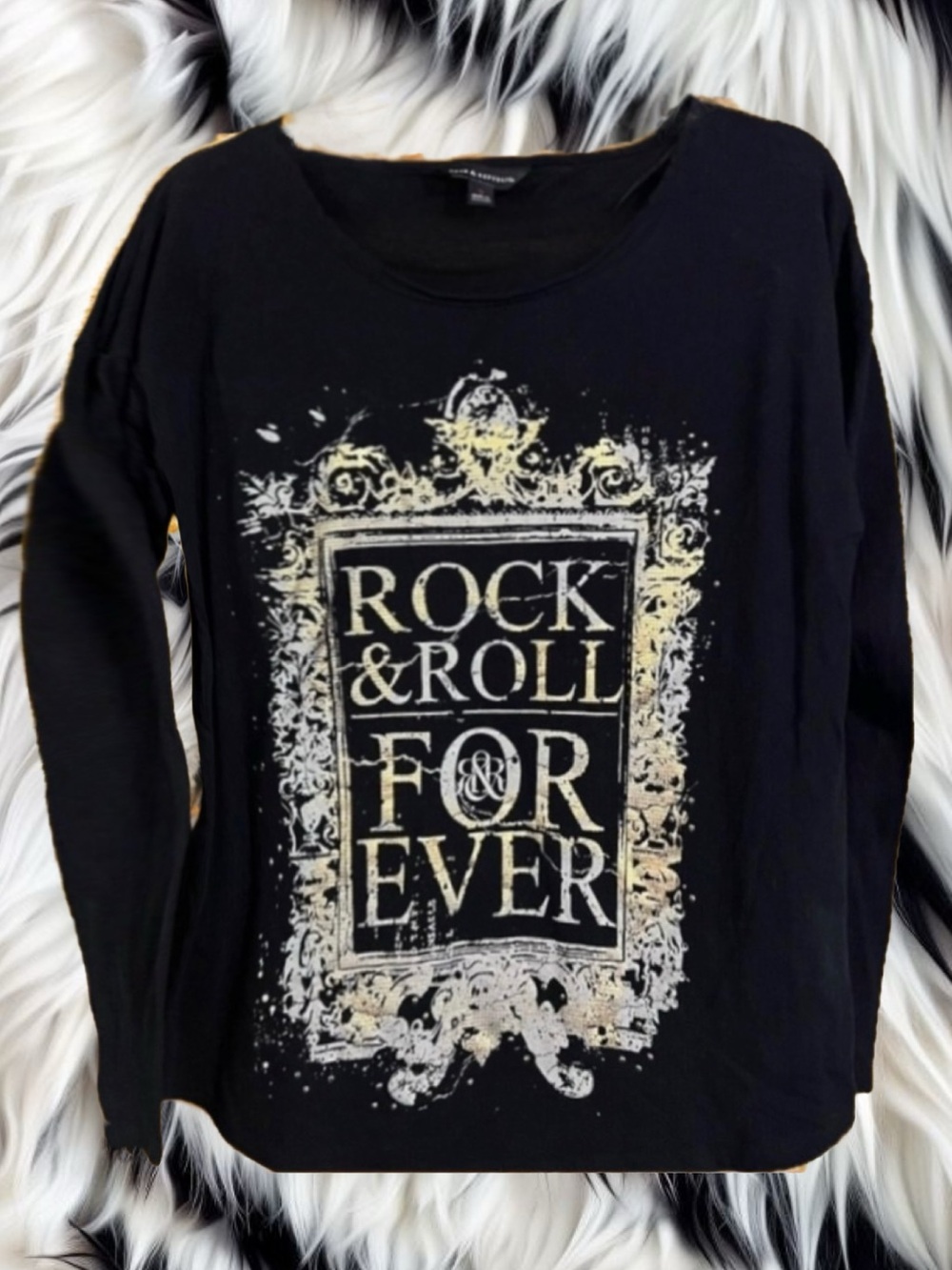 Rock & Republic Black Graphic w/ Metallic Gold & Rhinestones Long-Sleeved Shirt